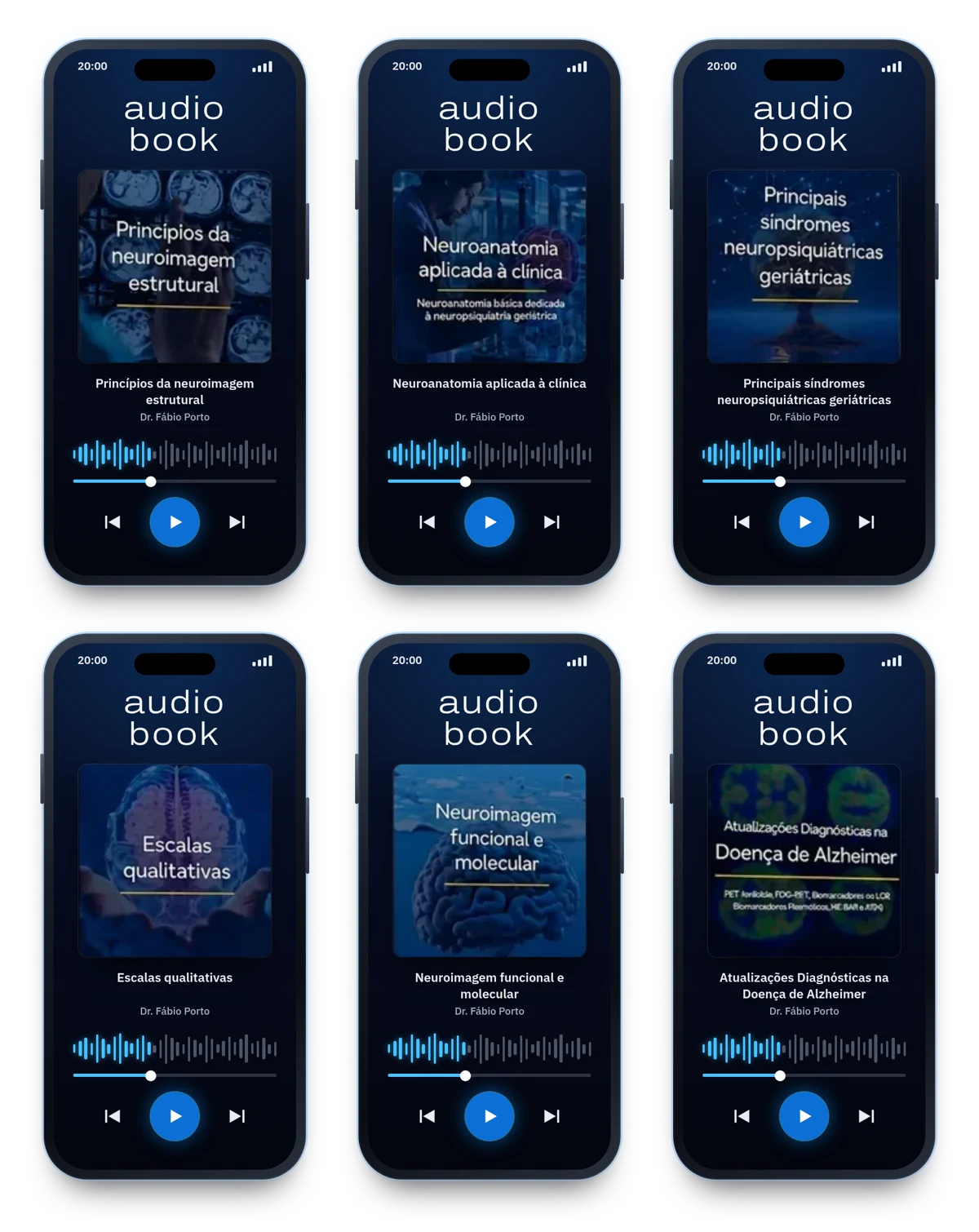As mesmas 6 capas em versão audiobook, num player de celular