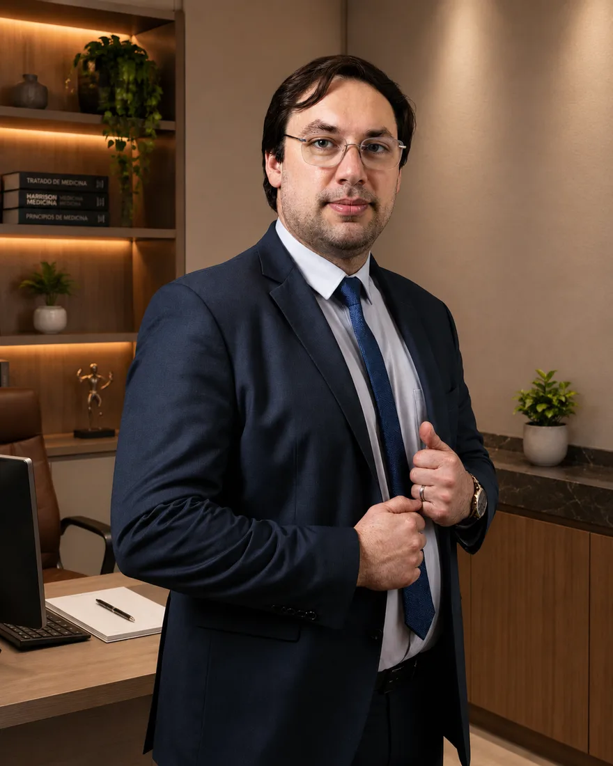 Retrato do Dr. Fábio Porto no consultório, de terno escuro e gravata azul